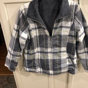 Gray and white checked winter jacket w/gray velour inside. Jacket is reversible